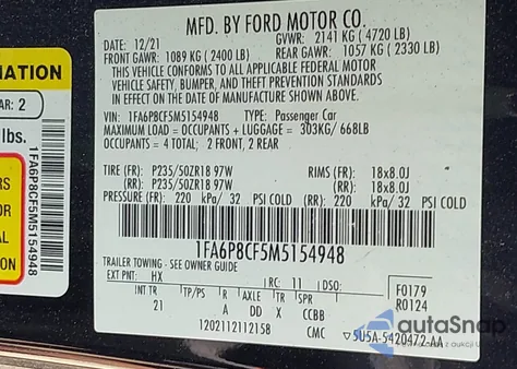 2021 Ford Mustang Gt Fastback z USA, uszkodzony, nr VIN 1FA6P8CF5M5154948